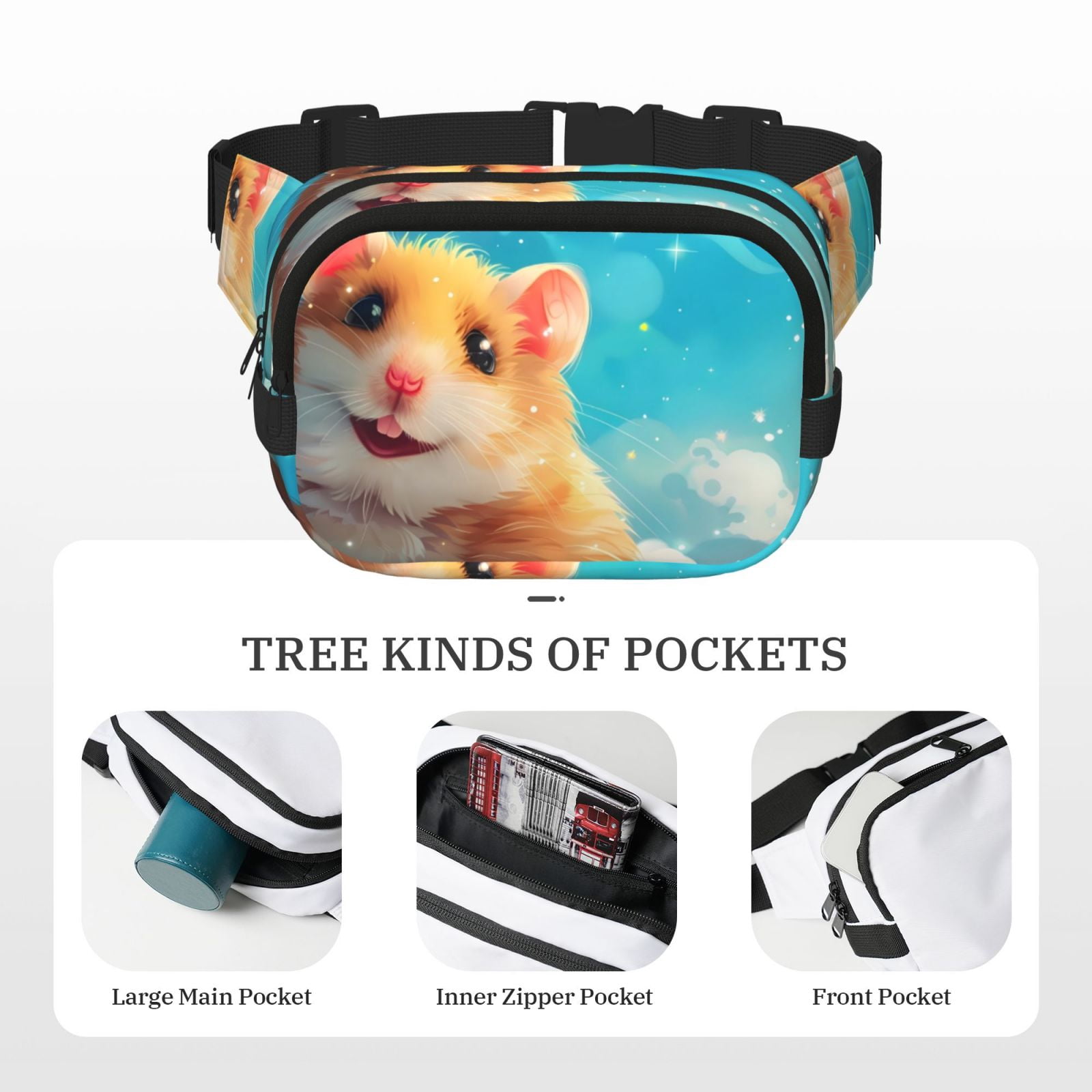 Picia Cloud Cute Hamster Print Square Double-Layer Waist Bag Mini Adjustable Waist Belt Bag Exercise Running Travel Hiking