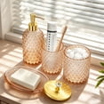 thumbnail image 2 of Haturi 4-Piece Amber Brown Glass Bathroom Accessories Set, Diamond Pattern Vanity Organizer with Soap Dispenser, Toothbrush Holder, Q-tip Jar, and Tray, 2 of 7