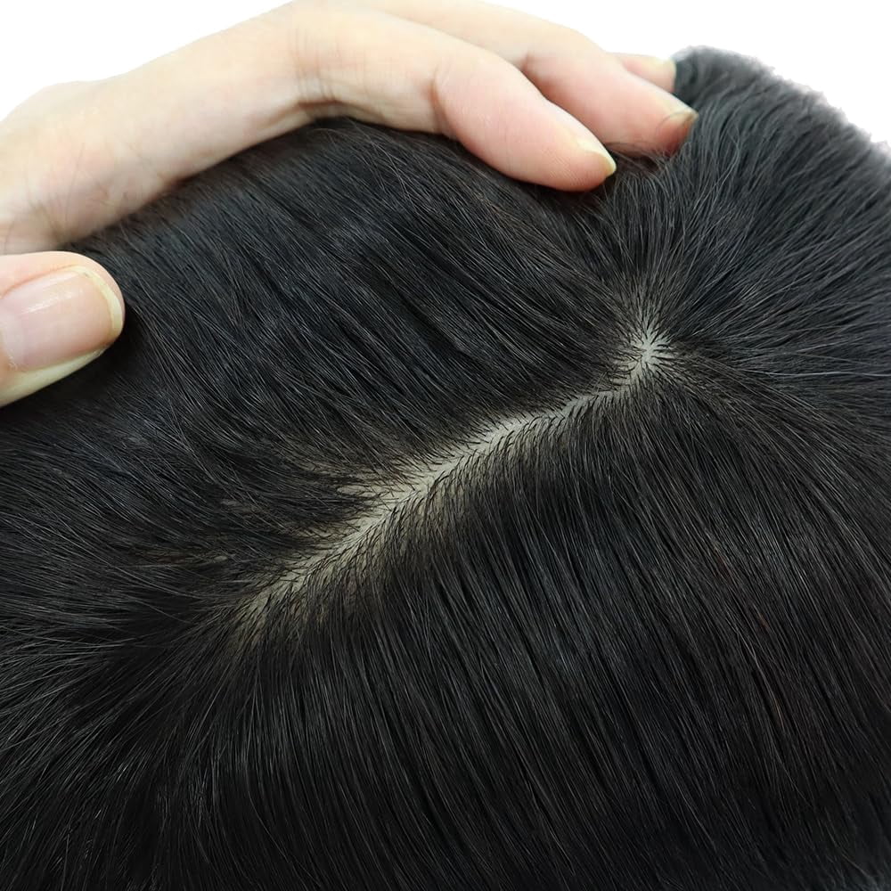 Breathable Silk Top Center with French Lace Front Mens Toupee Hair Replacement Human Hair System Natural Black Wig Straight