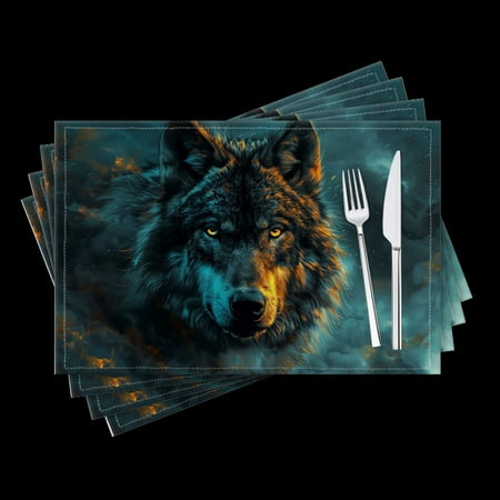 

BaHomeck placemats Set of 4 Majestic Wolf With Sharp Yellow Eyes Stood In The Clouds Cotton Linen rectangle Placemats for Kitchen Dining Table Indoor Outdoor 18*12inch