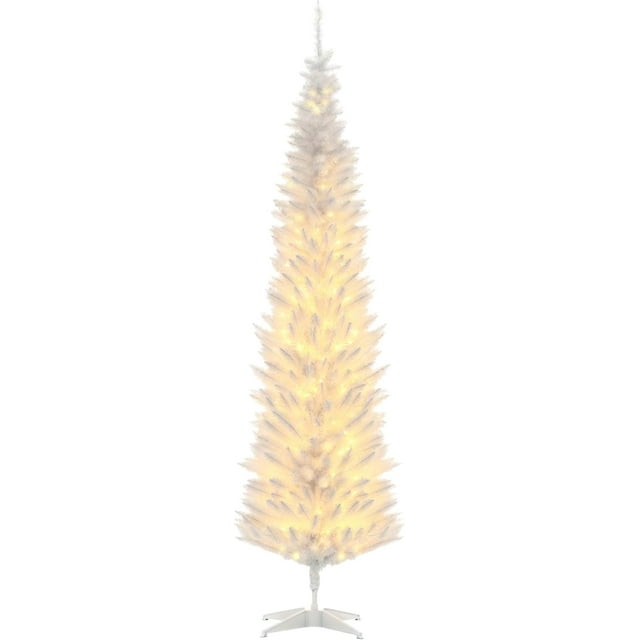 HOMCOM 7 ft Pre-Lit Noble Fir Slim Artificial Christmas Tree with 499 Tips and 200 Warm White LED Lights, White
