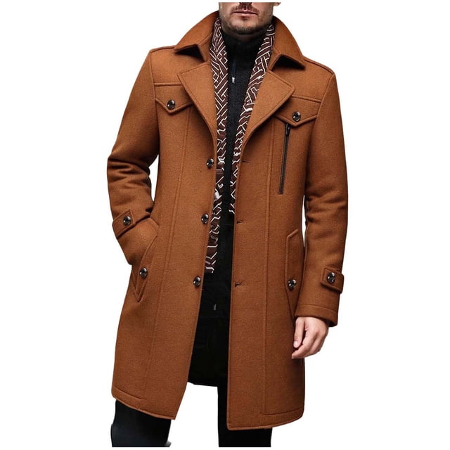 Lovzfmll Men's Wool Trench Coat Detachable Scarf Multiple Pockets Brown, XS