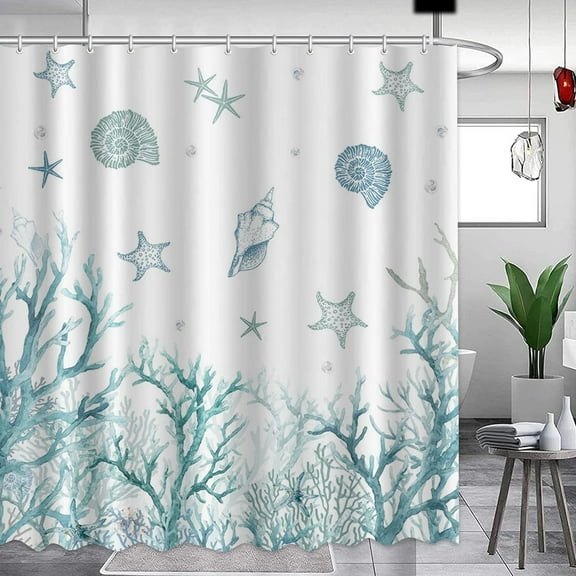 Beach Shower Curtain Coastal Nautical Starfish Shell Sea Life Coral Shower Curtain with 12 Hooks Fabric Waterproof Polyester Bathroom Curtain 72"*72"