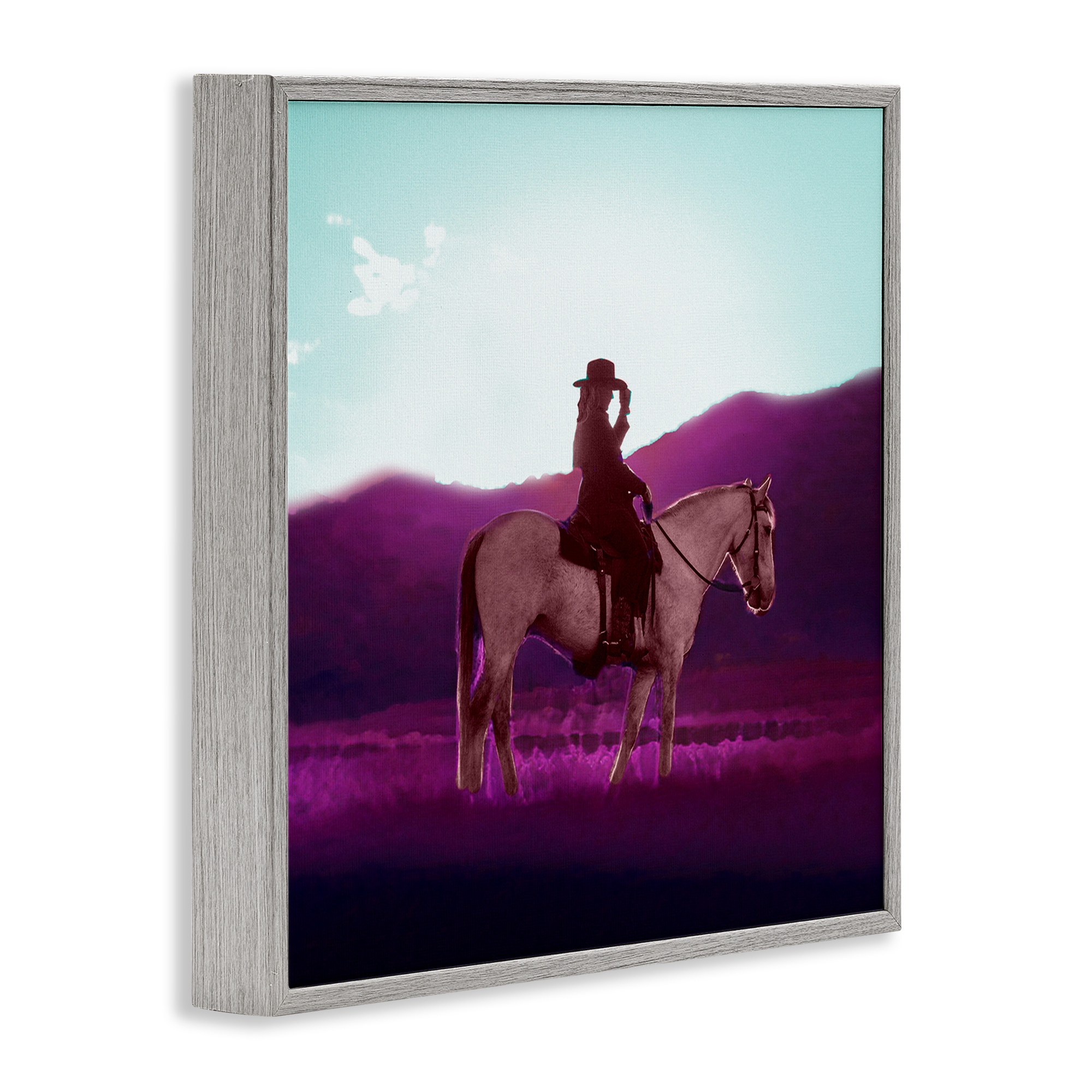 Stupell Industries Cowgirl & Purple Mountains Animals & Insects Painting Gray Framed Art Print Wall Art, 17 x 17