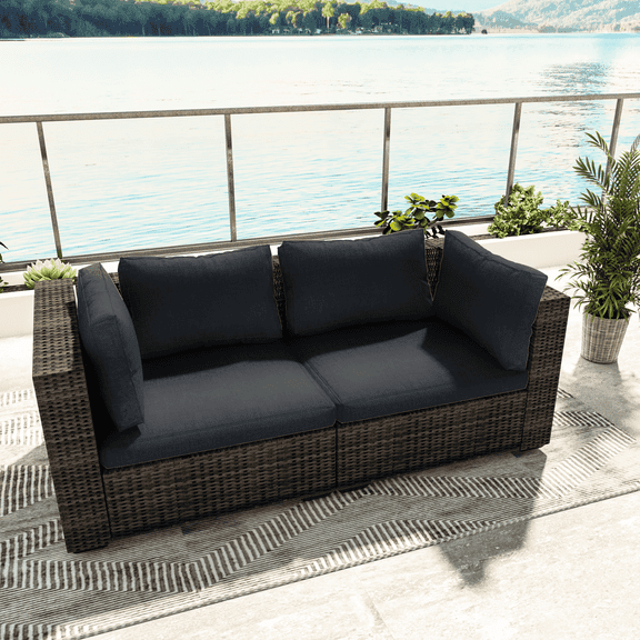 TANGJEAMER 2 Pieces All-Weather PE Rattan Sectional Sofa with Cushions  for Party and Family Gathering(Black)