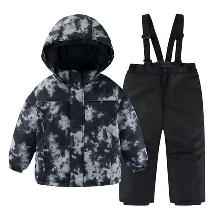 LIJCC Cute Graphic Kids Snow Suit Boys Girls Colorful Ski Suit Two Piece Set Artificial Fur Hooded Jacket & Kids Snow Bibs Pants Thickened Warm Winter Insulated Clothes
