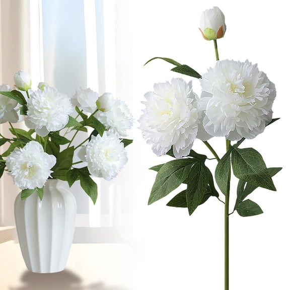 Artificial Peony Stems, Pink and White Silk Flowers, 3-Pack Premium Faux Floral Arrangement for Home, Wedding, Hotel, and Table Decor, White