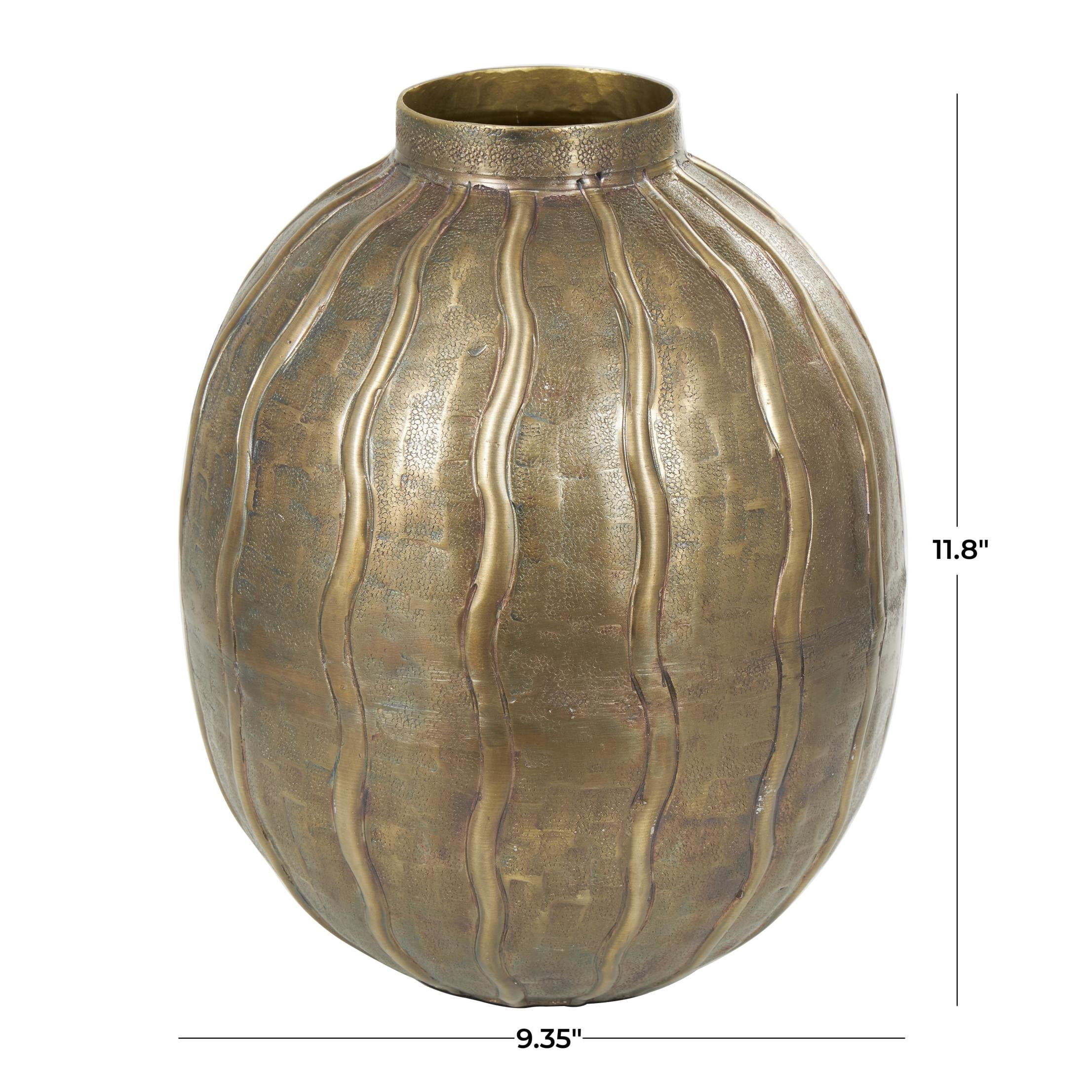 DecMode 12" Snakeskin Inspired Brass Metal Vase with Dimensional Wavy Accents