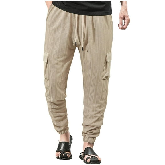 Dagegui Men's Tapered Pants Cotton Linen Elastic Drawstring Waist Pant Casual Loose Fit Everyday Trousers Breathable Summer Slacks Khaki S