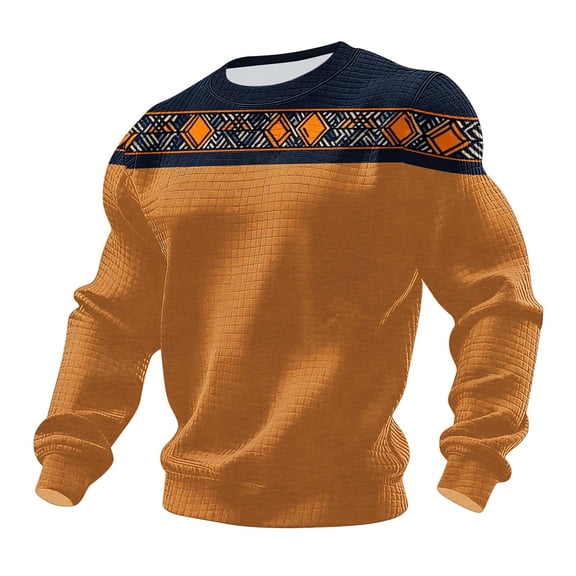 Men's Big & Tall Shirts Casual Waffle Vintage Printed Long Sleeve Crew Neck Loose Fit Pullover Tops (XL, Multicolor)