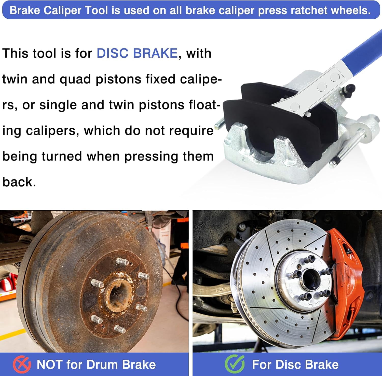 Brake Tools, Brake Caliper Compression Tool, Brake Caliper Tool, Caliper Piston Compressor Tool with 2 Heavy-Duty Caliper Hooks, 4-in-1 Universal 360° Ratcheting System for Car Disc Brake Repair