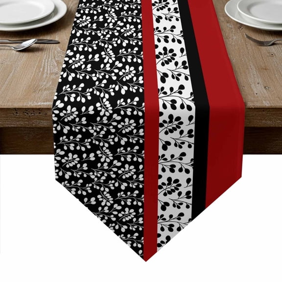 Black Red Table Runner Linen Burlap Table Runner 72 Inches Long Garden Floral Stripe Aesthetic Flower Boho Dresser Scarves for Kitchen Island Coffee Dining Room Party Holiday Decoration 14"x72"