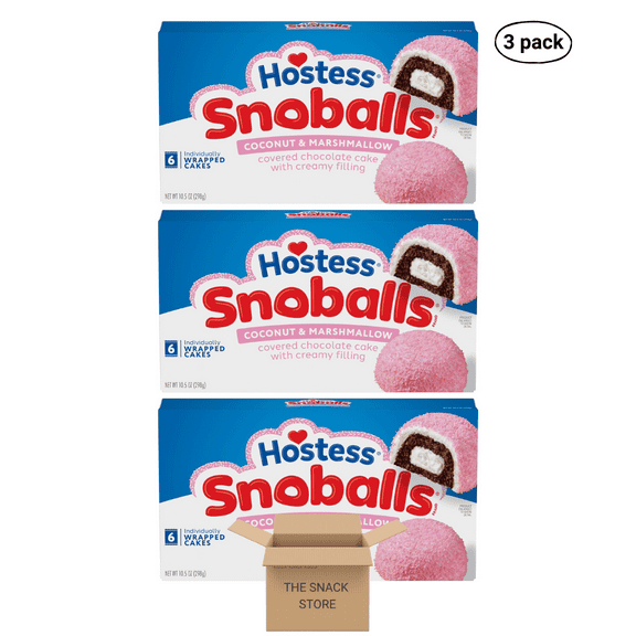 The Snack Store Bundle Hostess Snoballs, 10.5 oz, 3 Boxes of 6 Count, 18 Total Cakes! (Color May Vary by Season)
