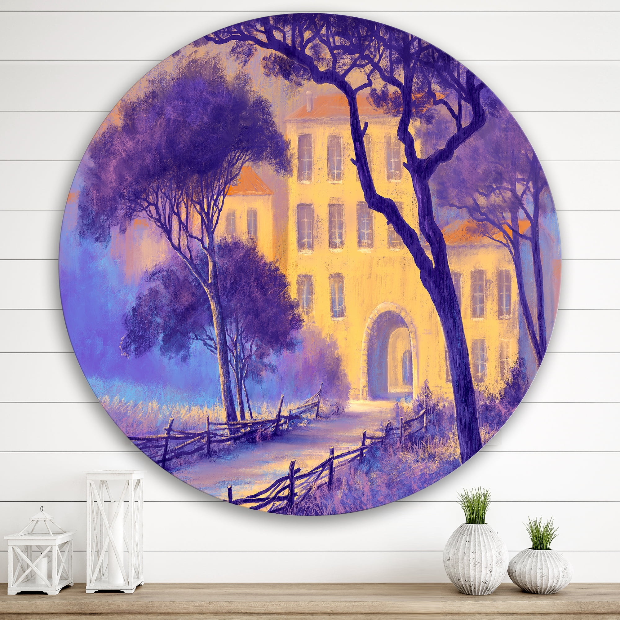 Designart 'Street Landscape OF Footpath & Trees In A City' Traditional Circle Metal Wall Art 29x29 - Disc of 29