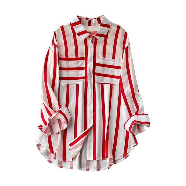 Pompotops Femmes Été Casual Mi-Longueur Verticale Rayé Multicolore Chemise Dégagement