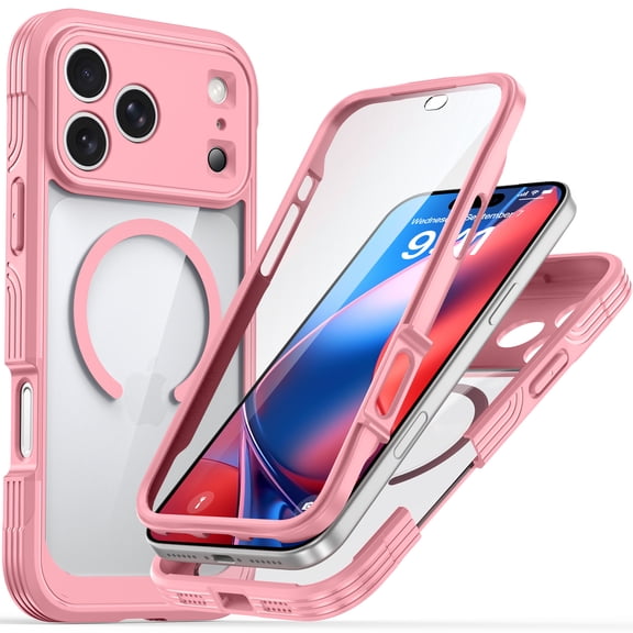 GJL Magnetic Case for iPhone 17 Pro, Heavy Duty Clear Shockproof Phone Cover with Built-in 9H Screen Protector, Water Resistant, Pink