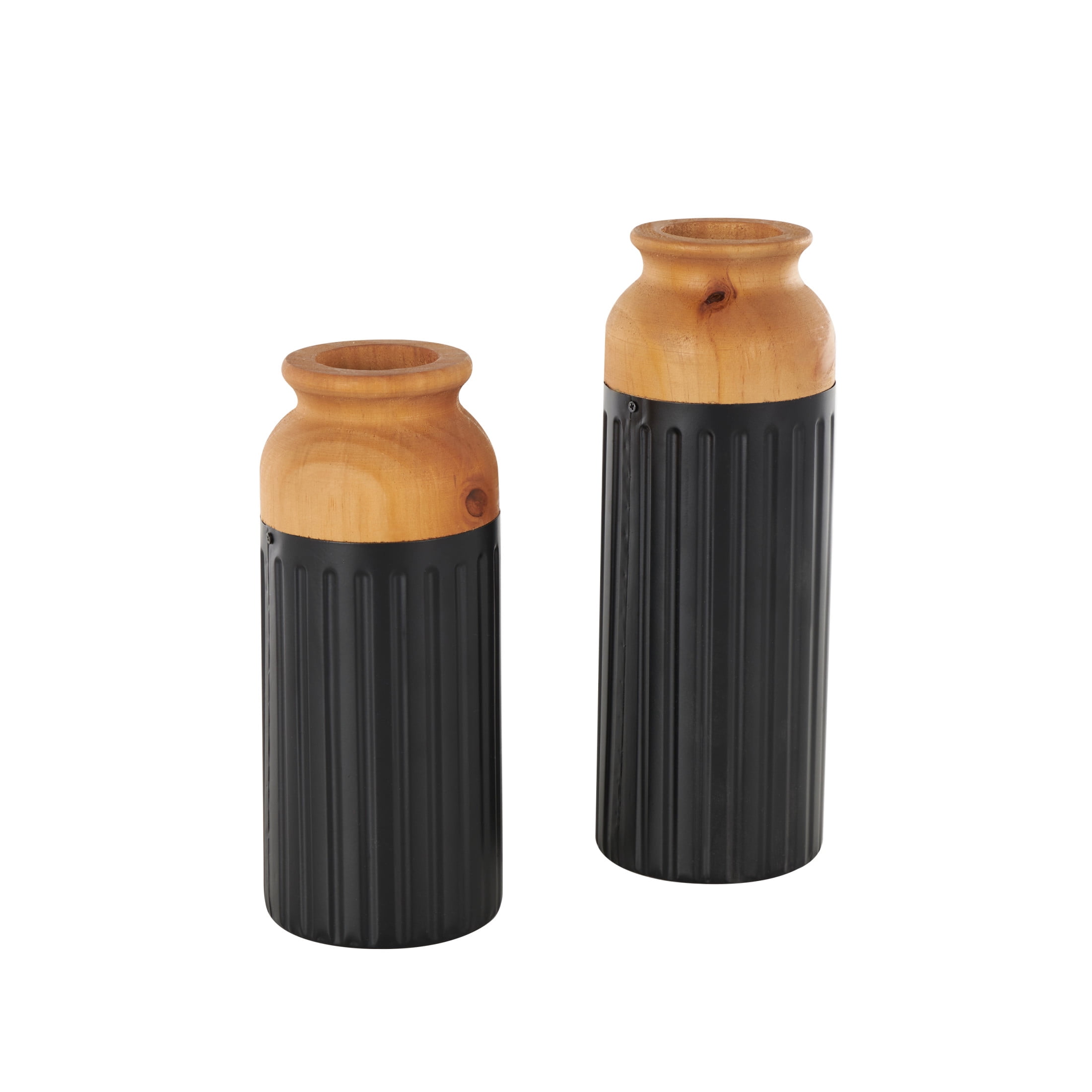 DecMode 11", 10"H Color Block Black Metal Vase with Rounded Linear Grooves and Brown Wood Tops, Set of 2