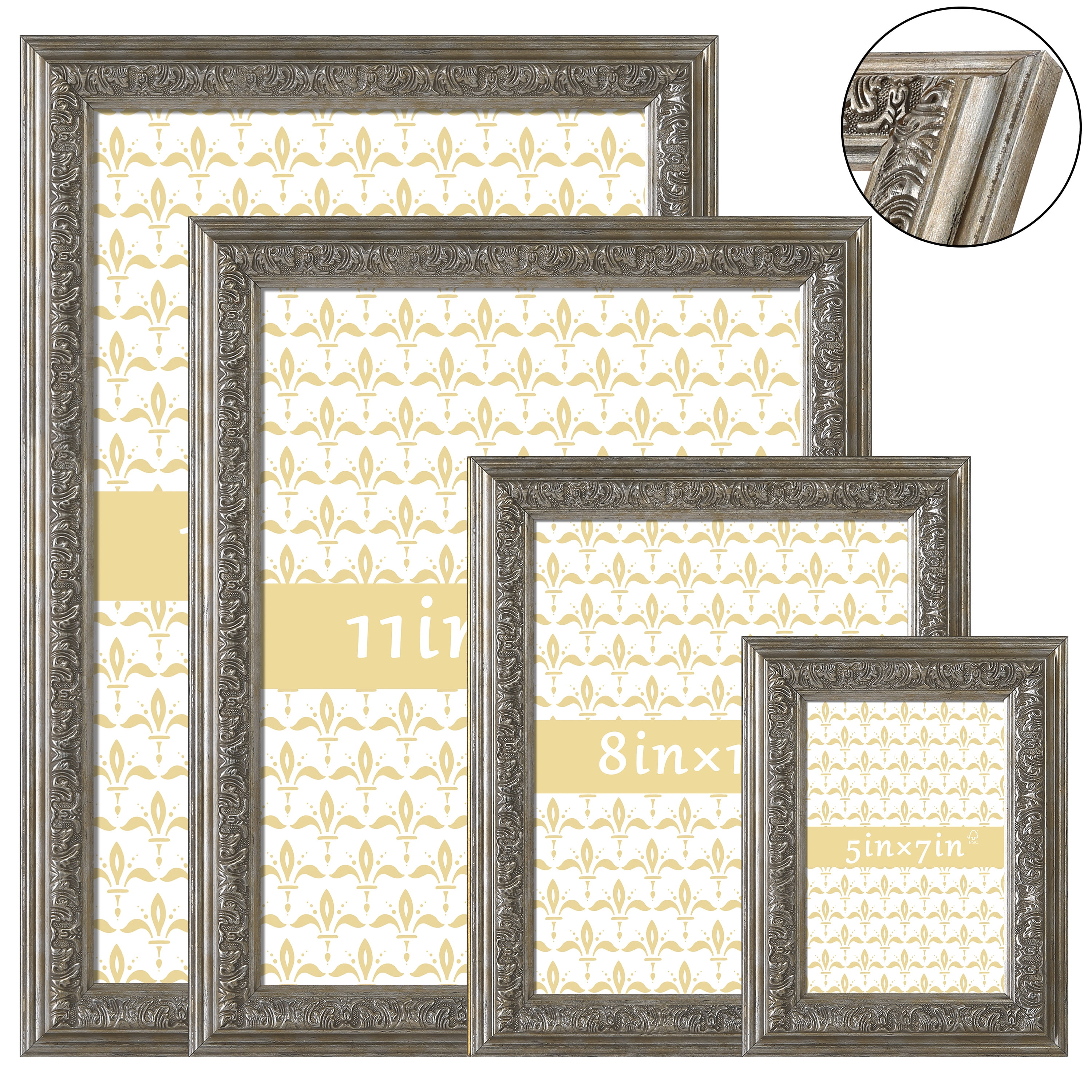 5x7 Picture Frame - Silver Vintage Frames for Tabletop or Wall Hanging