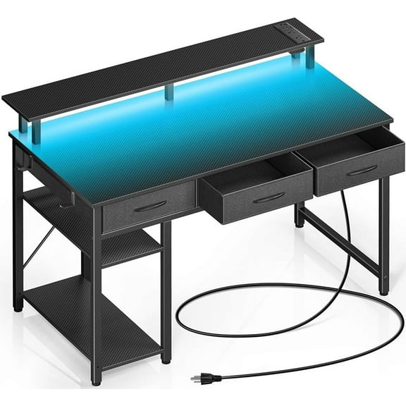MY Computer Desk with Power Outlets & LED Light, 39 inch Home Office Desk with 3 Drawers and Storage Shelves, Writing Desk with Monitor Stand, Modern Work Desk for Home Office, Carbon Black