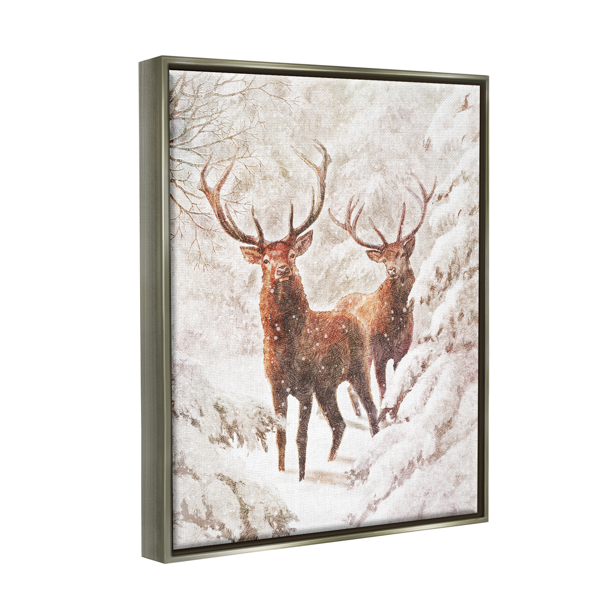 Stupell Industries Elks Snowy Forest Wildlife Holiday Painting Gray Floater Framed Art Print Wall Art