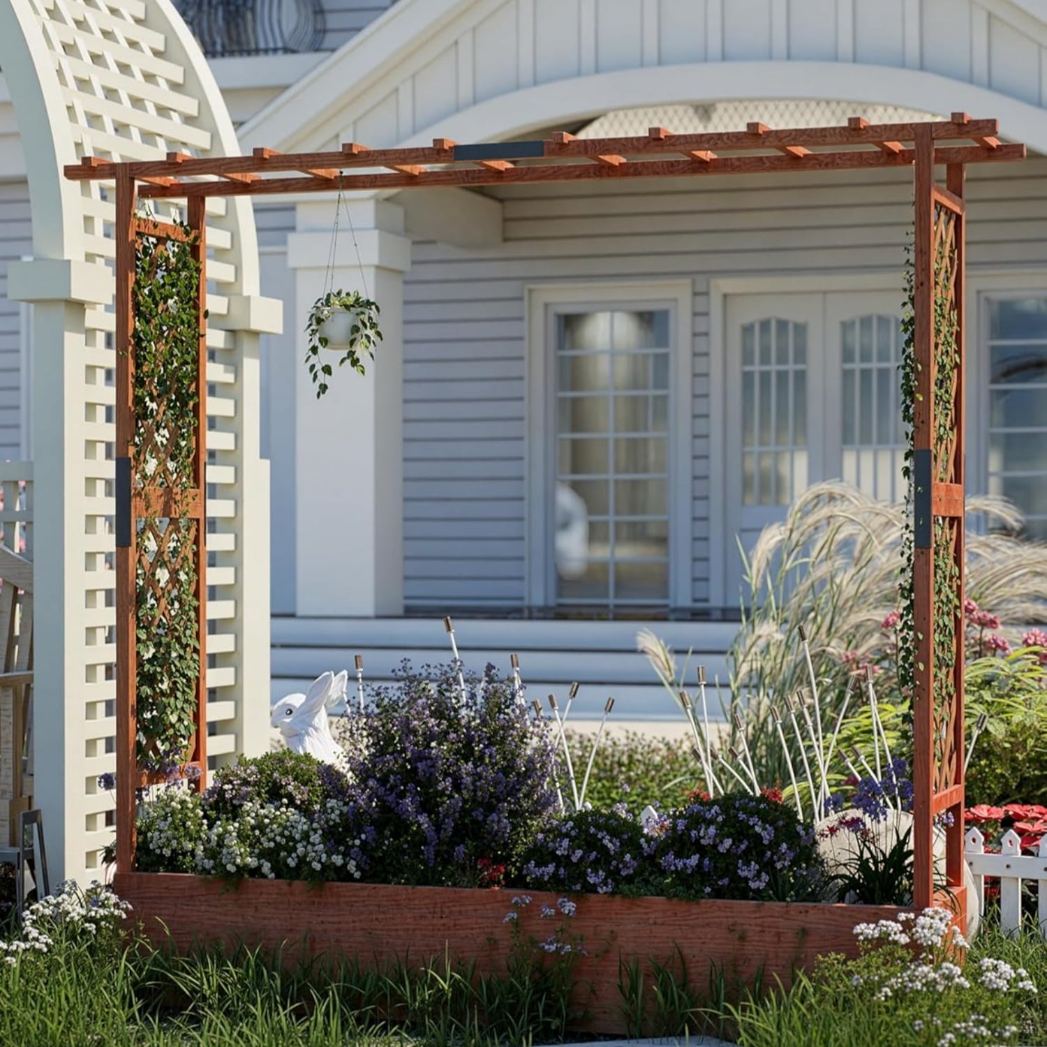 Riedhoff Outdoor Wooden Raised Garden Bed with Trellis, Hanging Roof & Side Trellis, 77.16 x 17.32 x 71.65"