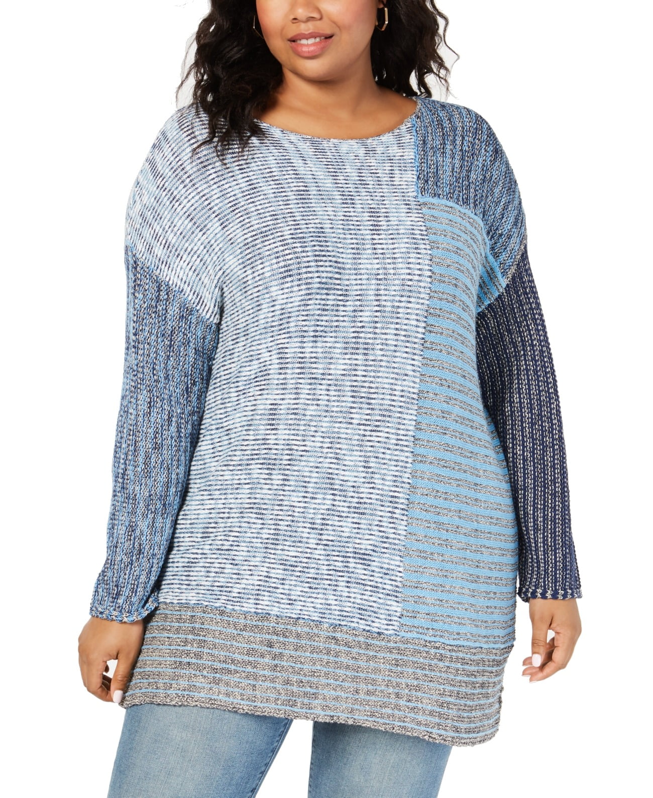 Style & Co. Womens Sweater Blue Plus Tunic Colorblocked Stretch 69