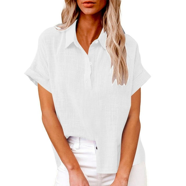 Ovbmpzd Chemises Henley pour Femmes Blanc Grande Taille Coton Lin Manches Courtes T-Shirts Unis avec Col Hauts de Printemps pour Femmes TG