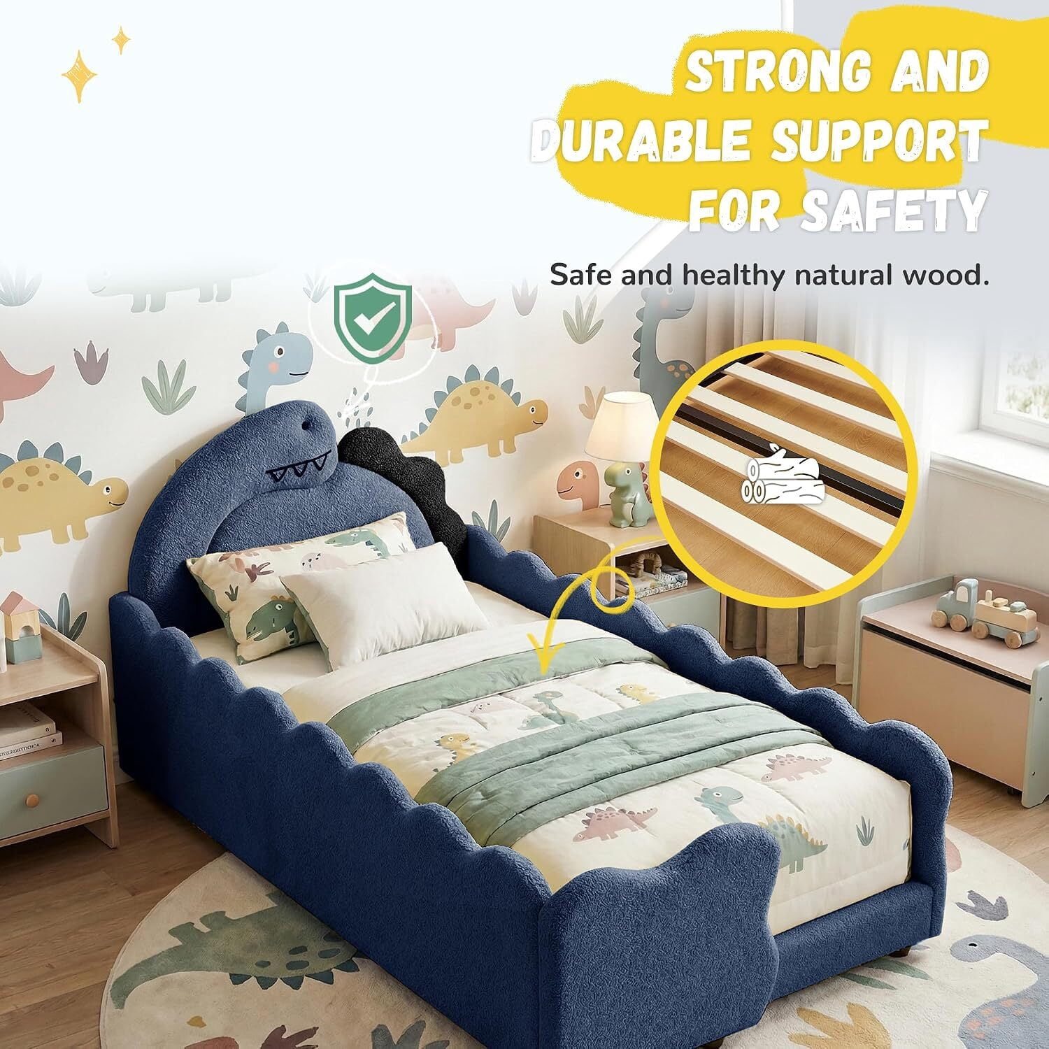 Avobird Twin Size Cute Dinosaur-Shaped Kids Bed with Safety Guardraild, Solid Wood Toddler Bed Frame for Children for Bedroom, Boucle Fabric, Navy Blue