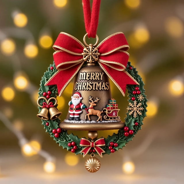 xihome Adorno navideño de campana con diseños de Pap Noel y renos - Colgante decorativo navideño de 7x7 cm