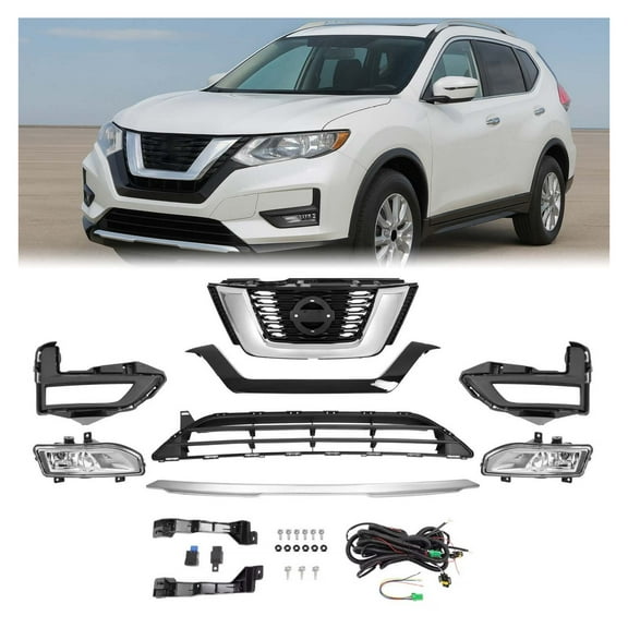 WaiRitoday Compatible with Nissan Rogue 2017 2018 2019 2020 Chrome Front Upper Lower Grille Fog lights