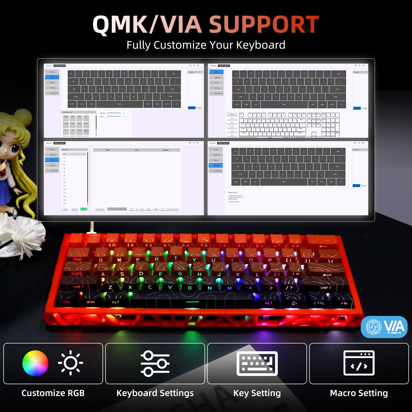 61 Keys Mechanical Keyboard, 60% Layout, Hollow Shell in 6 Colors, RGB Backlit, Full N-Key Rollover, Hot-Swappable Linear Red Switch, Backlit PBT Keycaps