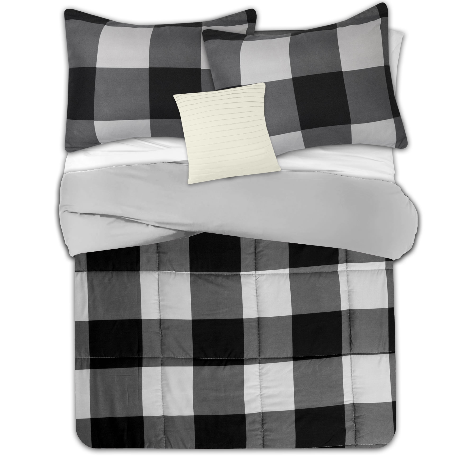 8 Piece Buffalo Check Bed in a Bag Black/Gray Comforter and Black Sheet Set King