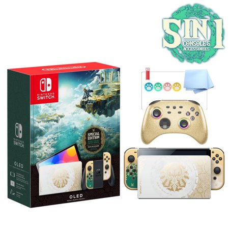Nintendo Switch OLED The Legend of Zelda: Tears of the Kingdom Edition  Green & Gold Joy-Con  64GB Console  Hylian Dock  Mytrix Gold Wireless Pro Controller  3 Accessories: 5 in 1 Bundle -JP Version