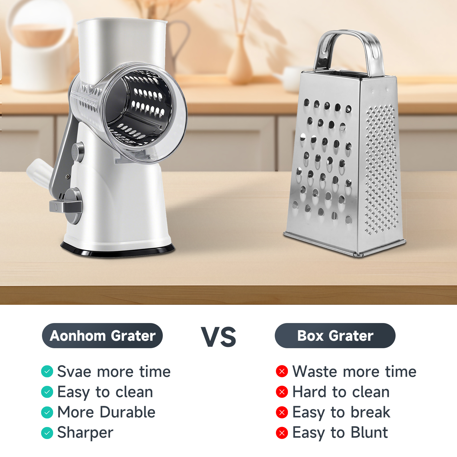 Aonhom Rotary Cheese Grater with 3 Interchangeable Blades photo 2