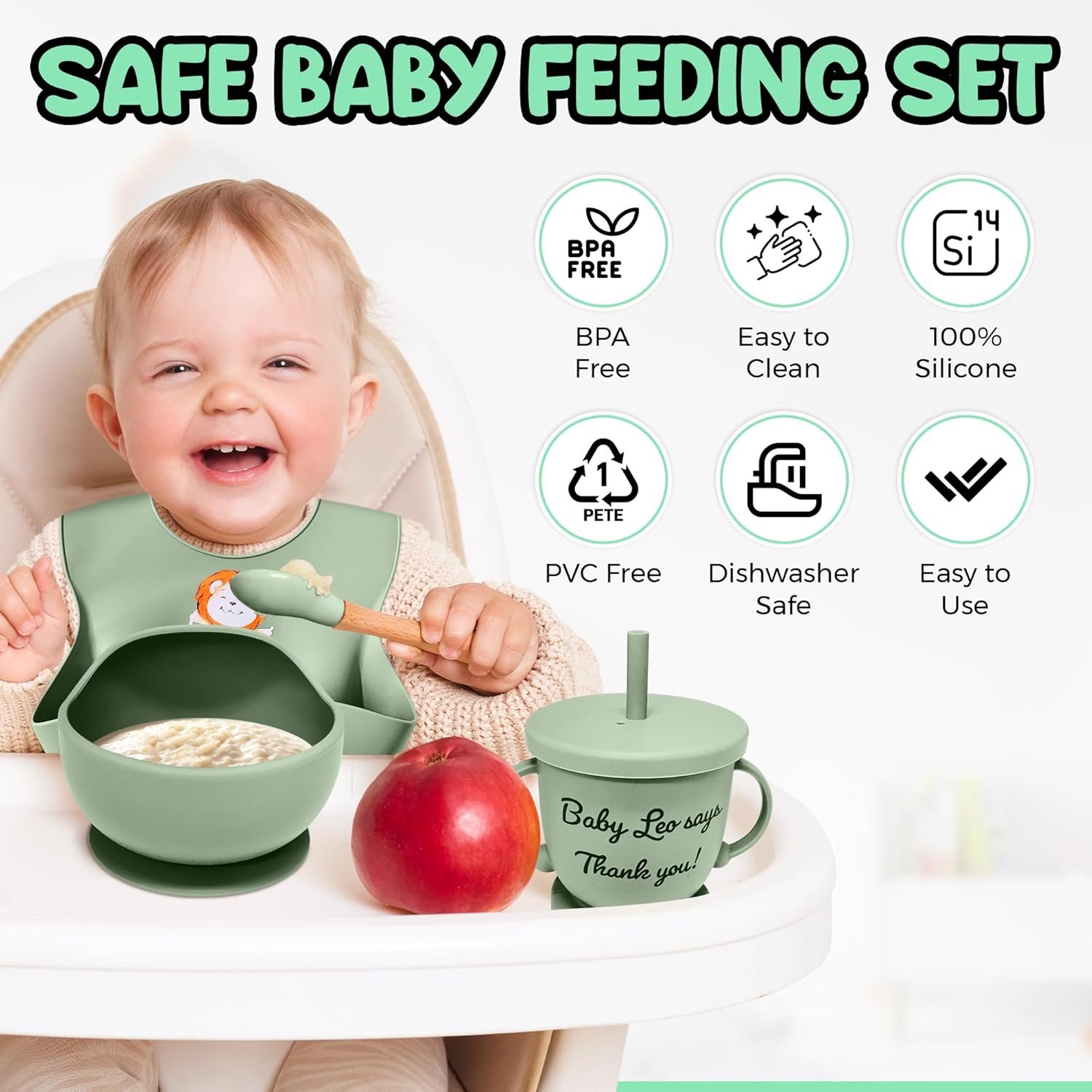 Baby Feeding Set 12 Piece Led Weaning Supplies Suction Bowl and Plate, Divided Plate, Spoon, Fork, Cup, Adjustable Bib Baby Self Feeding Utensils