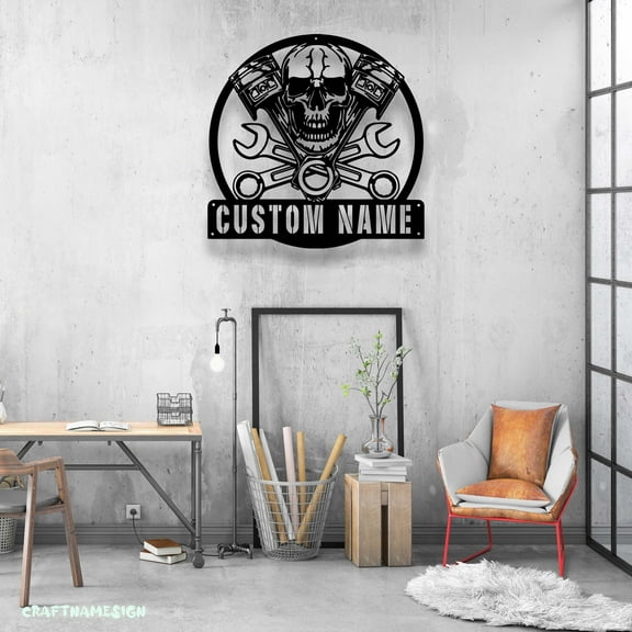Craftnamesign Custom Skull Garage Metal Wall Art LED Light, Personalized Workshop Name Sign