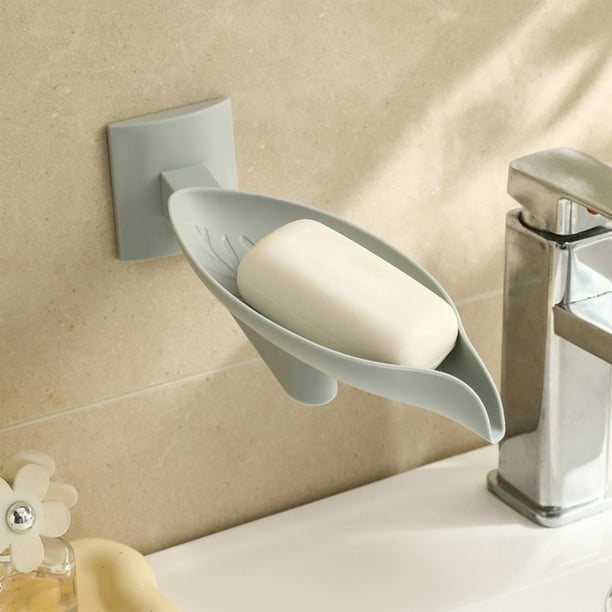 Jabonera de Pared con Forma de Hoja y Rotación de 180°. Jabonera con Drenaje Ajustable para Lavabo. Adhesiva o con Taladro. Verde/Blanco/Gris.