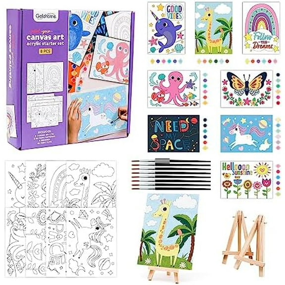 8 Packs 5x7 Pre Drawn Canvas Set,Paint by Numbers for Kids,48 Paints 8 Brushes 2 Easels,Pre-Printed Acrylic Oil Painting Kit Ages 8-12 9-12 4-8$$Art & Craft