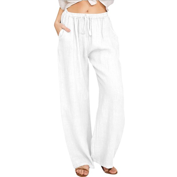 Pantalones anchos de lino con cintura alta y cordón para mujer: pantalones elásticos tipo palazzo para yoga, ideales para llevar con ropa informal