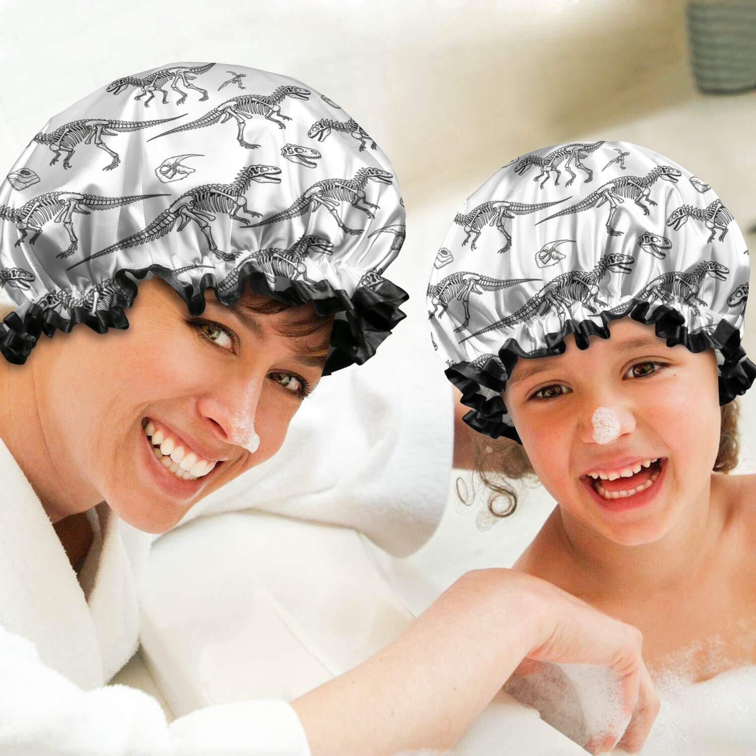 Shower Caps,White Dinosaurs Skeletons Pattern Waterproof Shower Cap for Women 4 Pieces,Double Reusable Hair Cover for Shower PEVA Elastic Stretch Hem