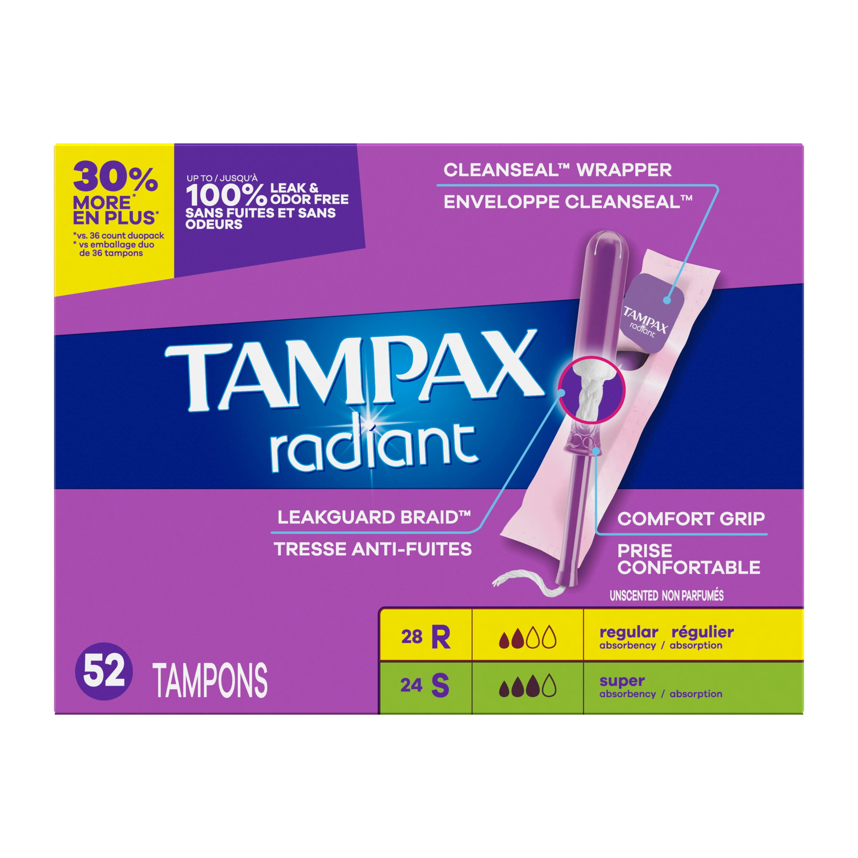 Tampons Tampax Radiant, avec tresse anti-fuites LeakGuard, degrés d’absorption régulier/super, emballage multiple, non parfumés