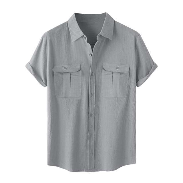 Mens Faux Linen Shirt Button Down Short Sleeve Lapel Blouses Summer Work Dress Tops with 2 Chest Pockets