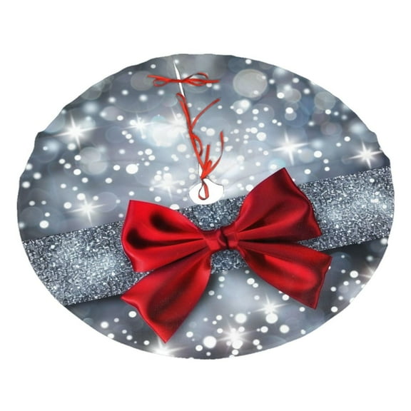 Christmas Tree Skirt 30" Shiny silver starry Christmas with red bow tie (2) Xmas Tree Skirts Mat for New Year Holiday Christmas Party Decorations