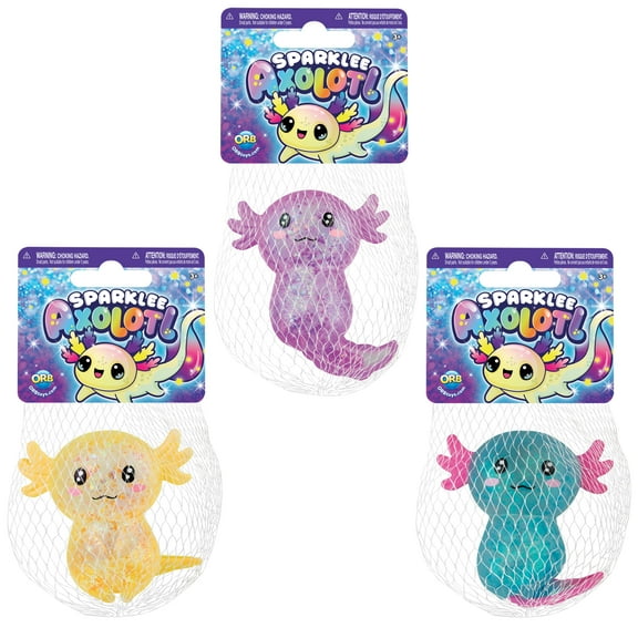 ORB Curiosities Sparklee Axolotl Mega 3 Pack - Stretch, Squish, and Even Squeeze These Cute and Sparkly Axolotls for Stress Relief - Original Sensory / Fidget Collectible Toys for Kids and Adults