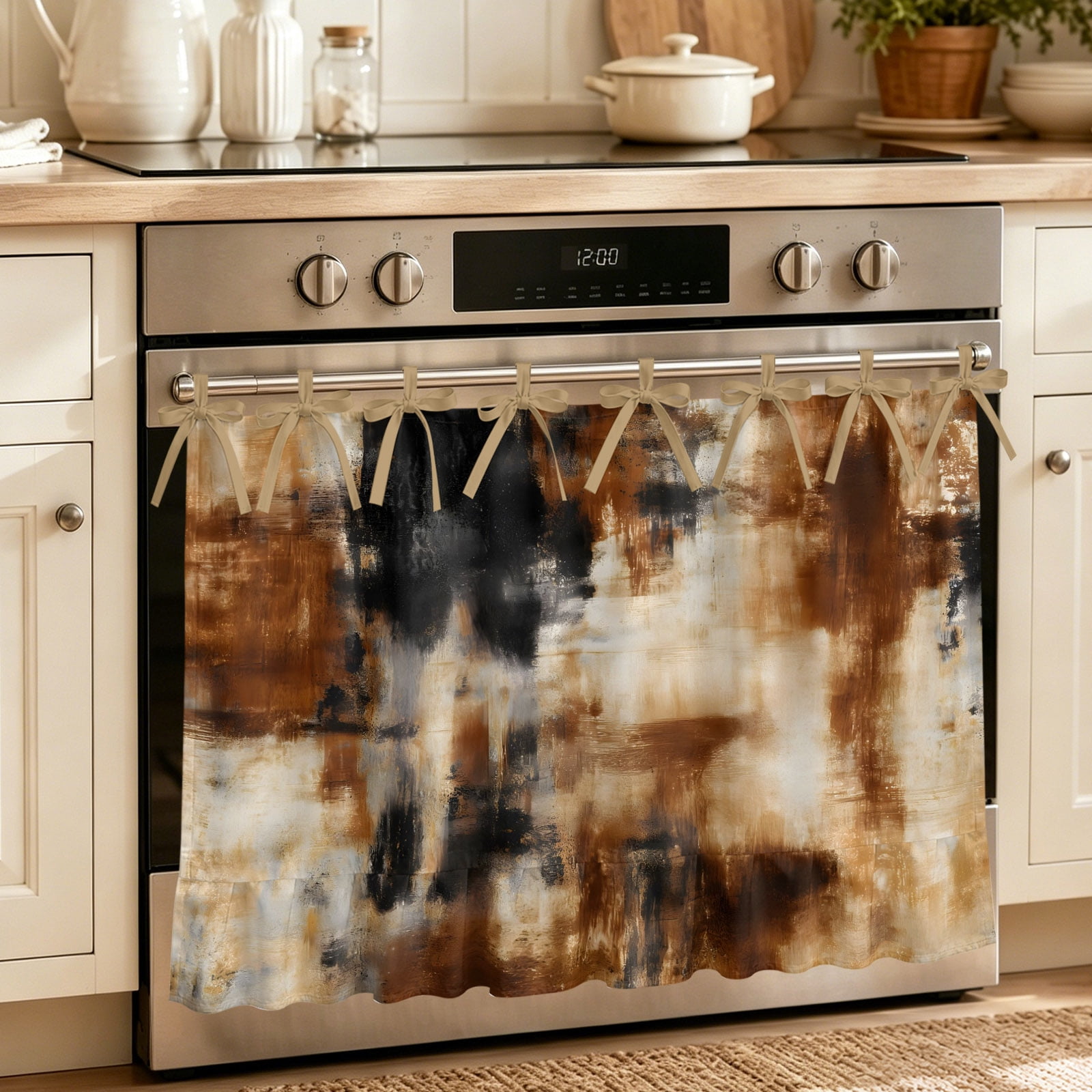 Black Brown Gradient Oven Skirt for Farmhouse Kitchen D&eacute;cor Retro Rustic Abstract Minimalist Art Oven Curtain Tie Top Decorative Stove Skirt Cabinet Dish Washer Curtains with 8 Ribbon Ties 32 x24