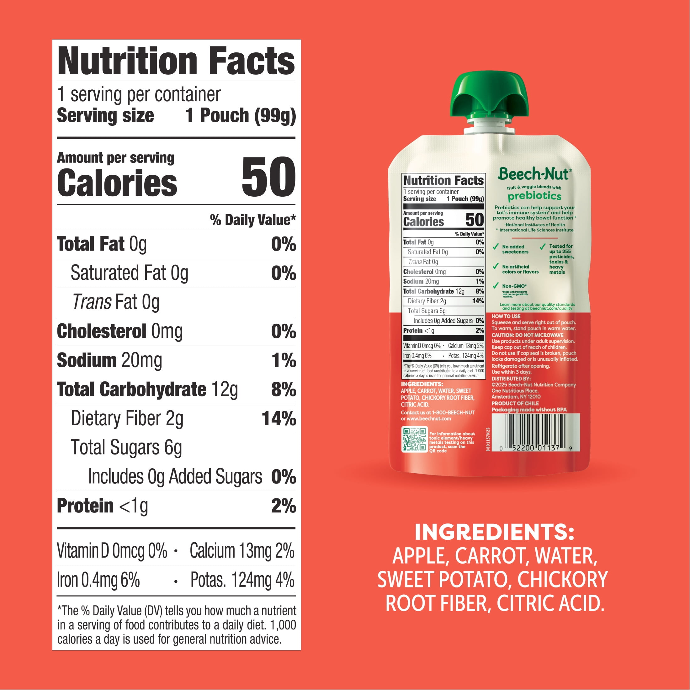 (3 pack) Beech-Nut Prebiotic Fiber Stage 4 Toddler Food, Carrot Apple & Sweet Potato, 3.5 oz Pouch