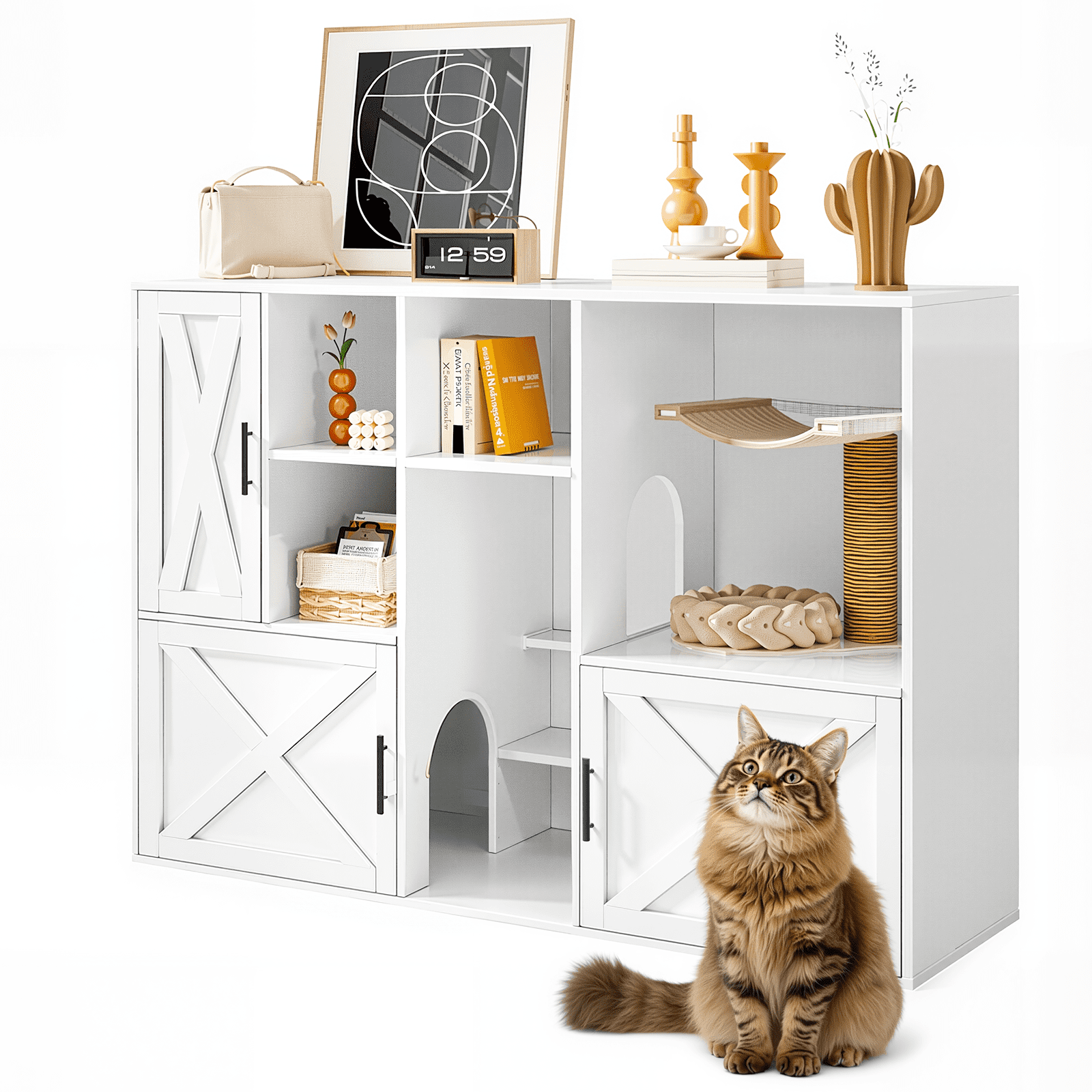 LLappuil Cat Litter Box Furniture, 55" Hidden Cat Litter Box Enclosure with Double Room, Open Shelves, Cabinet, Cat Washroom Furniture for Living Room Entryway