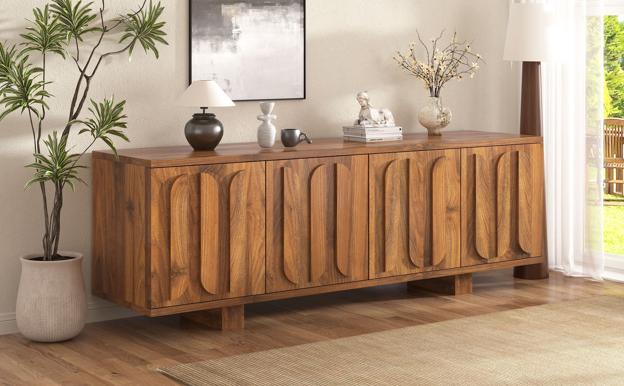 63" Farmhouse TV Stand for TVs up to 75 Inches, Modern Storage Media Console with Adjustable Shelves & 3 Cable Holes, Wood Decorative Handle Entertainment Center Cabinet for Living Room
