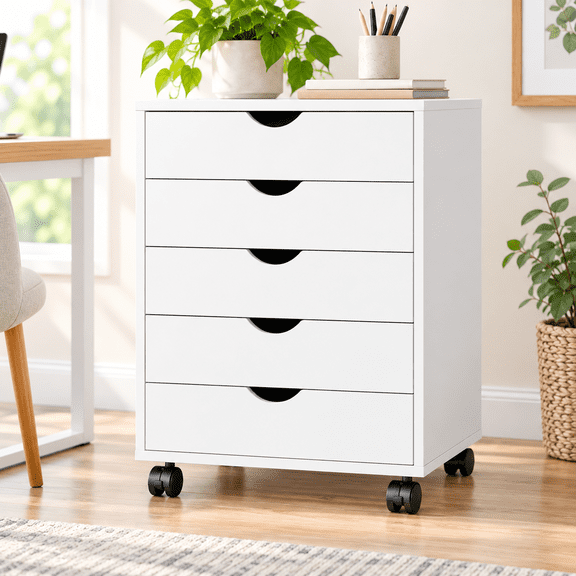5 Drawer Mobile Storage Cabinet with Wheels, Wooden Office Filing Cabinet Dresser Chest, Rolling Storage Organizer Unit for Office, Bedroom, Home