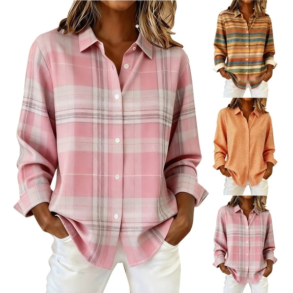 VJGBEGW Button Down Shirts for Women Plaid Long Sleeve Loose Fit Shirt Spring Summer Ladies Top Casual Blouse Trendy Tops Blue L